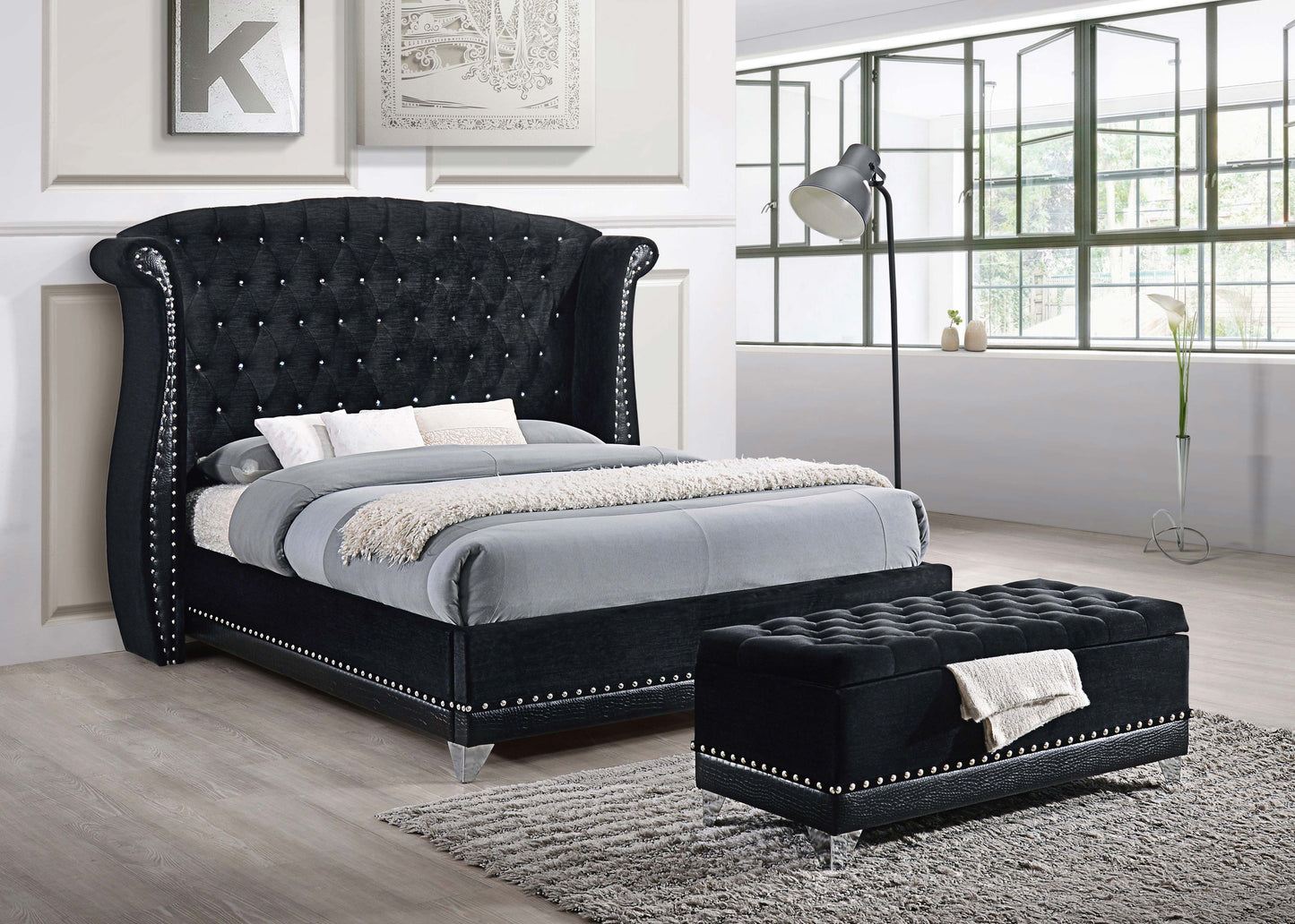 Barzini Velvet Upholstered Tufted Storage Bench Black