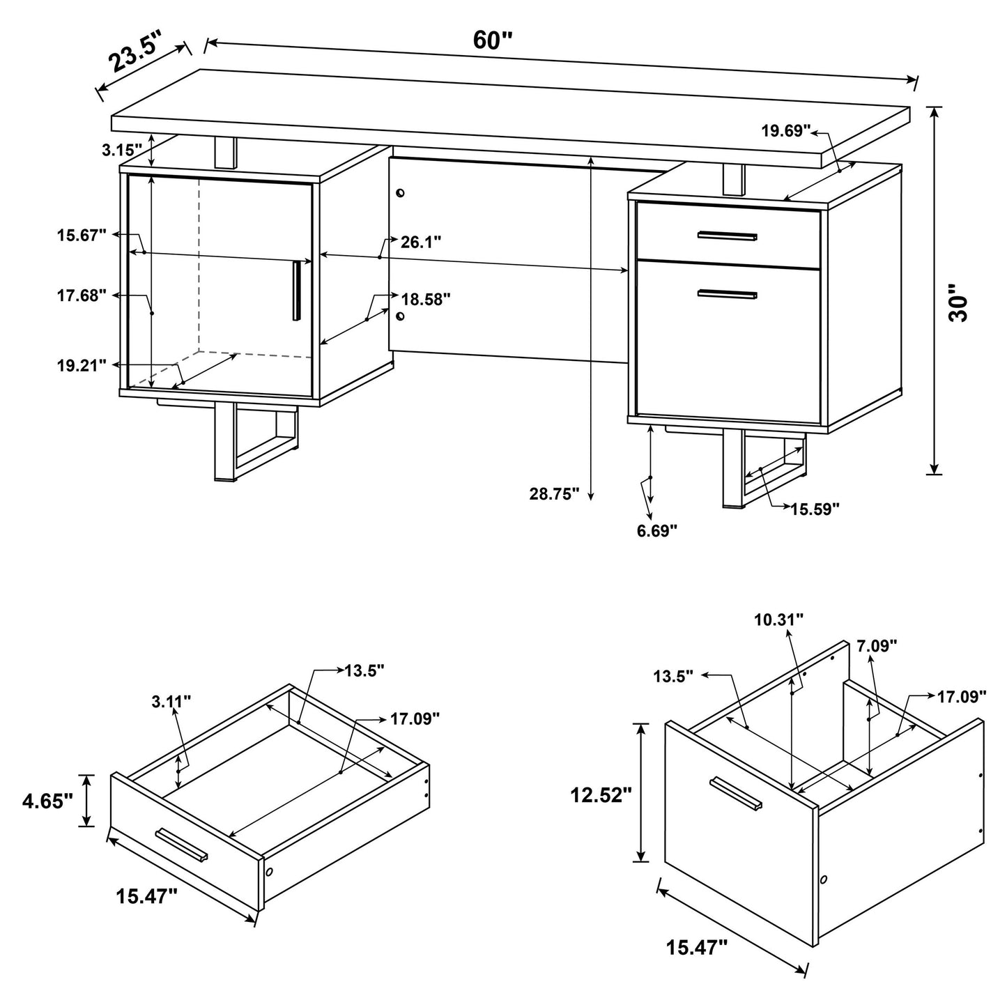 Lawtey 60-inch 2-drawer Computer Desk White High Gloss