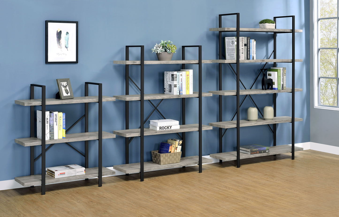 Cole 55-inch 4-shelf Bookshelf Grey Driftwood and Gunmetal