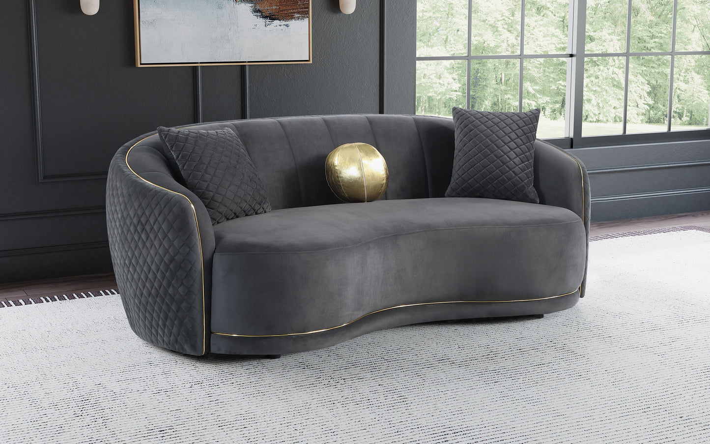 Brookside Velvet Upholstered Curved Sofa Dark Grey